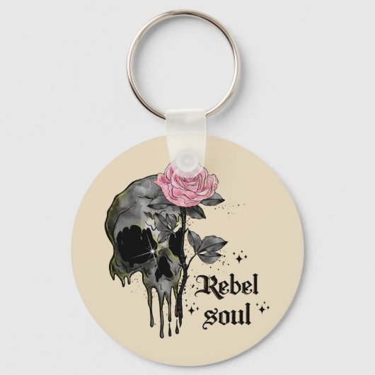 Rebel Soul - Gotische schedel met roze roos Sleutelhanger (Voorkant)