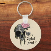 Rebel Soul - Gotische schedel met roze roos Sleutelhanger (Voorkant)