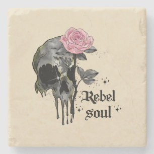 Rebel Soul - Gotische schedel met roze roos Stenen Onderzetter