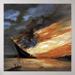 Rebel vlaggenschip van de burgeroorlog in brand do poster