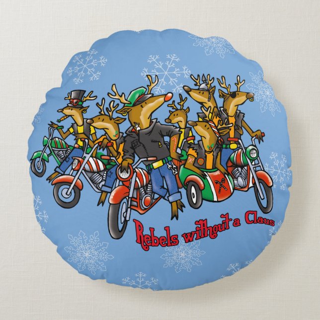 Rebellen zonder Claus Reindeer Blue Holiday Rond Kussen (Voorkant)