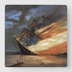 Rebellenschip voor de burgeroorlog in het vuur van vierkante klok