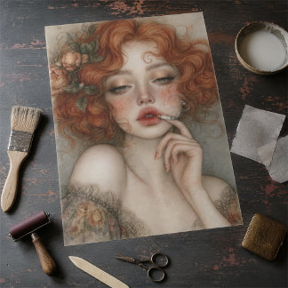 Rebellieus Portret van een Rode Kop Decoupage Tissuepapier