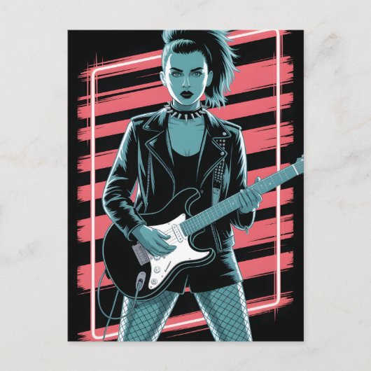 Rebellious Rock Star: Female Guitarist in Leather  Briefkaart (Voorkant)