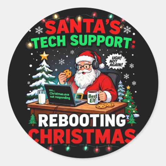 Rebooting Funny Santa's Tech Support Christmas Com Ronde Sticker (Voorkant)