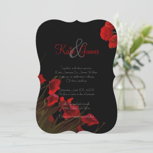 Rec and Black Poppies Gothic Wedding Invitation Kaart (Staand voorkant)
