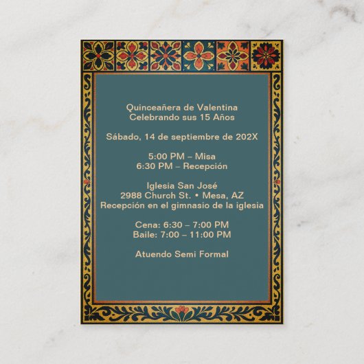 Recepción  Quinceañera Vestido Rojo Informatiekaartje (Achterkant)