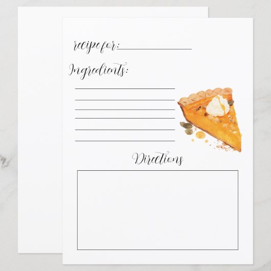 Recept Boek Pagina voor Pumpkin Pie (Voorkant / Achterkant)