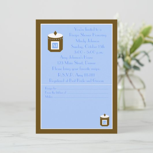 Recept Bruids Douche Uitnodiging - Blauw Monogram (Staand voorkant)