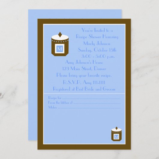 Recept Bruids Douche Uitnodiging - Blauw Monogram (Voorkant / Achterkant)