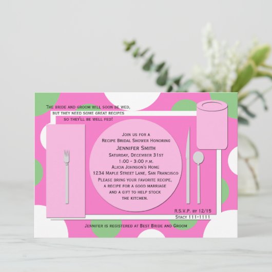 Recept bruidsdouche uitnodiging —  in roze (Staand voorkant)