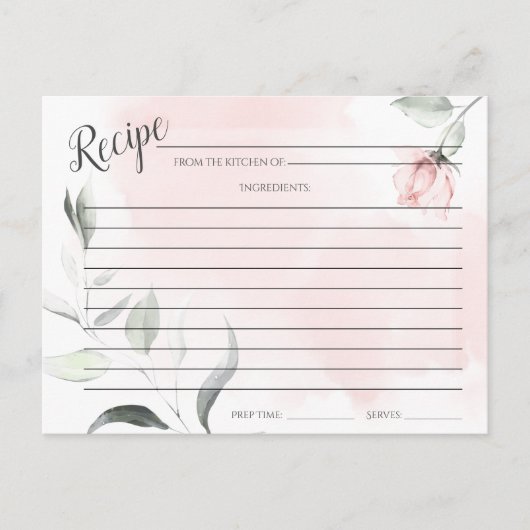 RECEPT KAART Waterverf Blush Roze Wilde Roos (Voorkant)