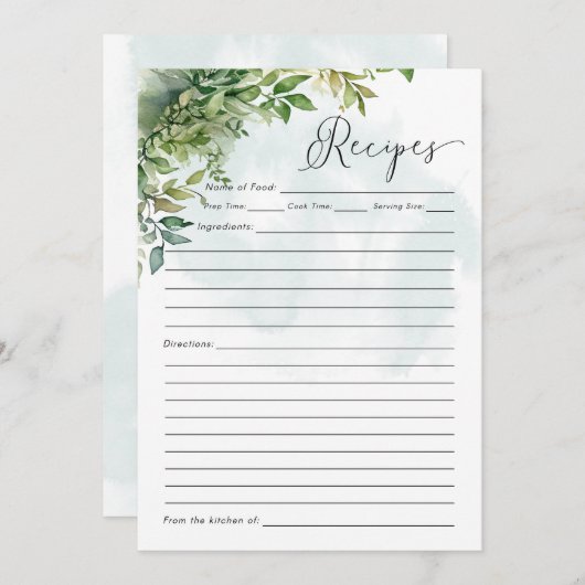 Recept Kaart Waterverf groen Baby shower spel (Voorkant / Achterkant)