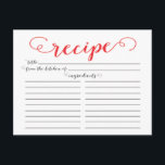 Recept Kaarten voor het moderne Red Script Vrijgez<br><div class="desc">Hedendaagse Vrijgezellenfeest Keuken Recept Kaarten met een stijlvolle rode typografie script lettertype op een heldere witte achtergrond. De voorkant van onze receptenkaart biedt ruimte voor een receptentitel, uit de keuken van ingrediënten en ruimte. Flip onze receptenkaart over naar uitzicht richtingen, voorbereidingstijd en totale tijd. Bezoek onze winkel voor bijpassende bruids...</div>