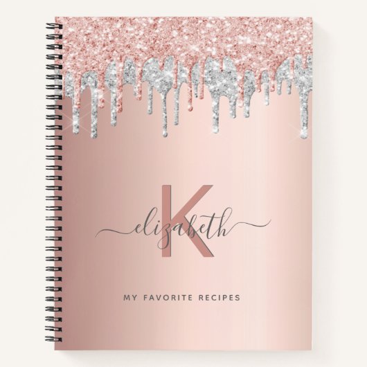 Recept kookboek monogram glitter roos gold silver notitieboek (Voorkant)
