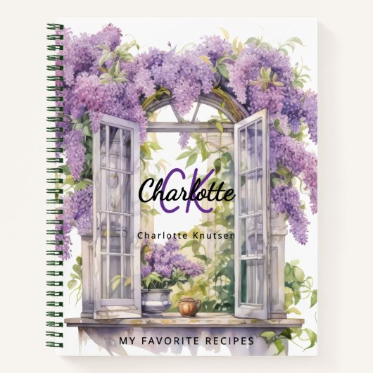 Recept lilacs venster bloemen roze monogram notitieboek (Voorkant)