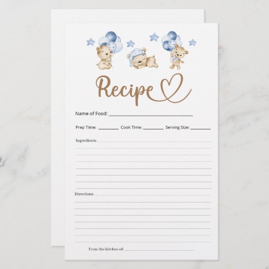 Recept Teddy Bear Boy Baby shower (Voorkant / Achterkant)