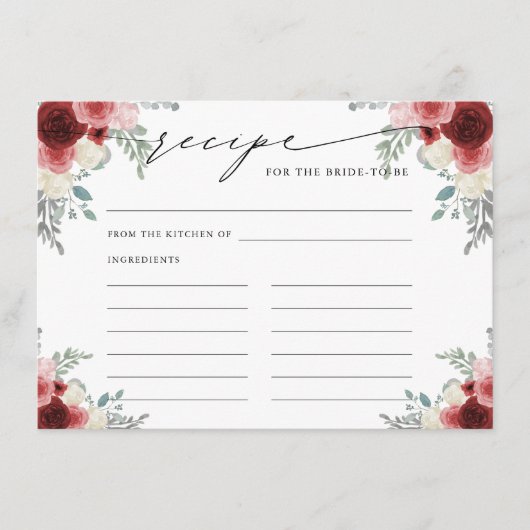 Recept voor de bruid om rode wijn bloemen informatiekaartje (Voorkant)