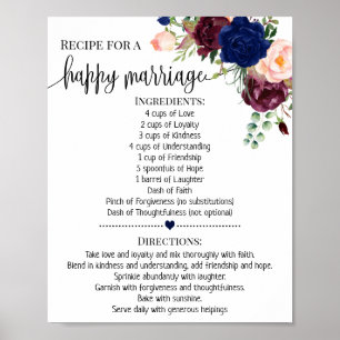 Recept voor gelukkig huwelijk bruiloftsshower navy poster