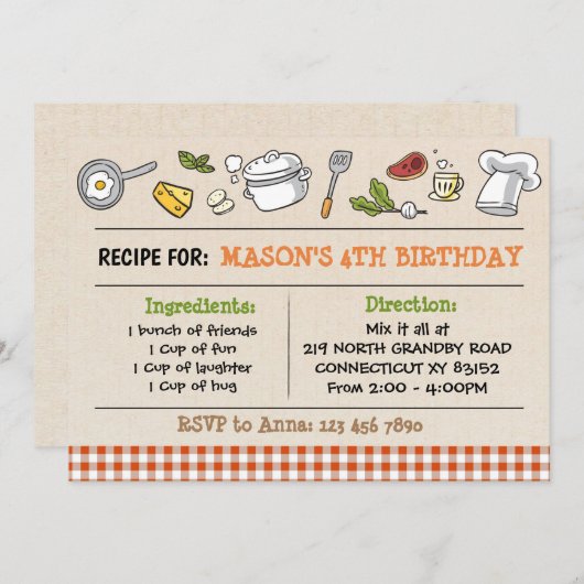 Recept voor verjaardagsfeestje uitnodiging (Voorkant / Achterkant)