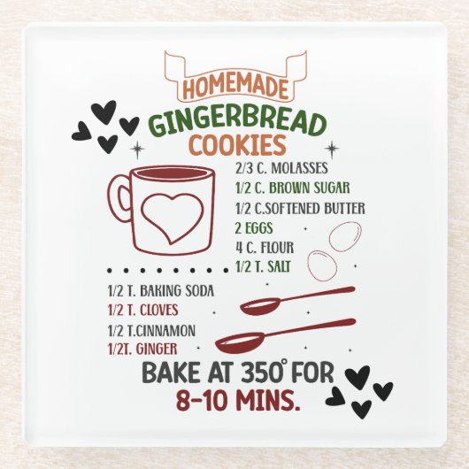 Recept voor zelfgemaakte gemberkoekjes Kerstcadeau Glazen Onderzetter (Voorkant)