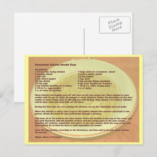 Recept voor zelfgemaakte kip-noedelsoep ansichtkaa briefkaart (Voorkant / Achterkant)