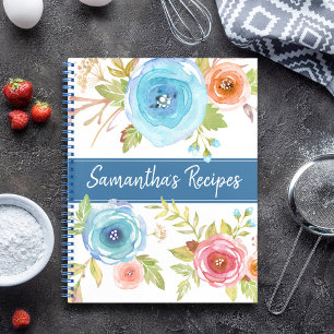 Receptenkookboek, blauw rood sinaasappel bloemige  notitieboek