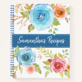 Receptenkookboek, blauw rood sinaasappel bloemige  notitieboek (Voorkant)