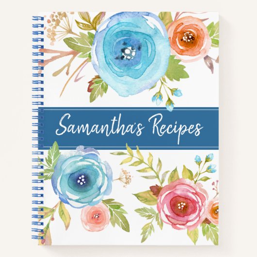 Receptenkookboek, blauw rood sinaasappel bloemige  notitieboek (Voorkant)