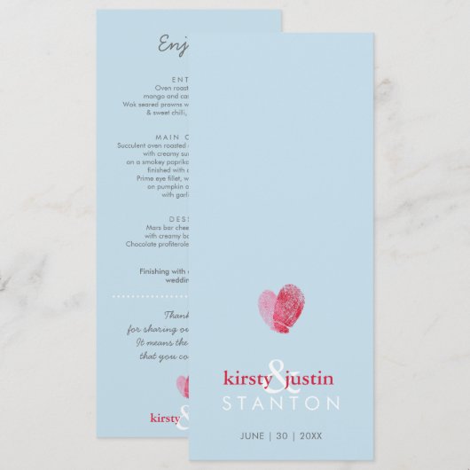 RECEPTIE DINER MENU leuke vingerafdruk hart blauw (Voorkant / Achterkant)