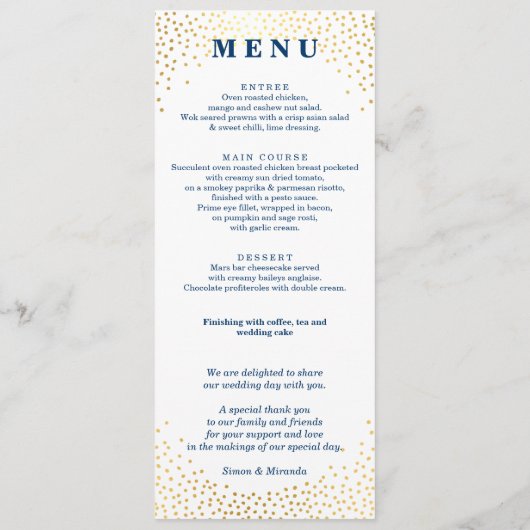 RECEPTIE DINER MENU mini goud confetti marine blau (Achterkant)