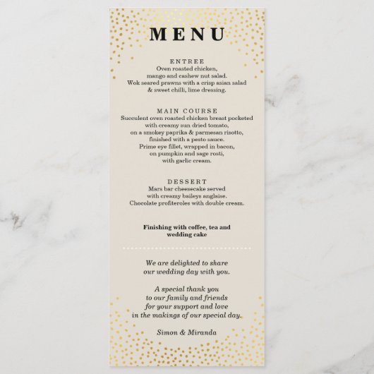 RECEPTIE DINER MENU mini gouden confetti ivoor (Achterkant)