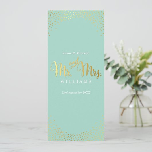 RECEPTIE DINER MENU mini gouden confetti mint (Staand voorkant)