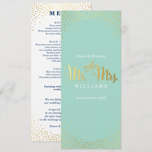 RECEPTIE DINER MENU mini gouden confetti mint (Voorkant / Achterkant)