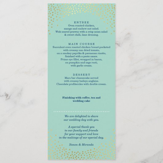 RECEPTIE DINER MENU mini gouden confetti mint (Achterkant)