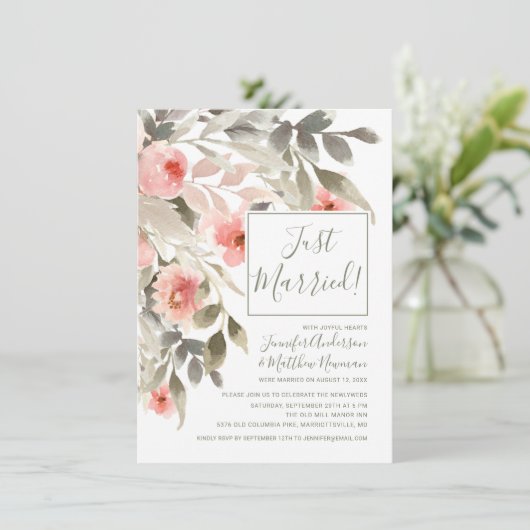 Receptie na de bruiloft met waterverf Blush Roos Kaart (Staand voorkant)