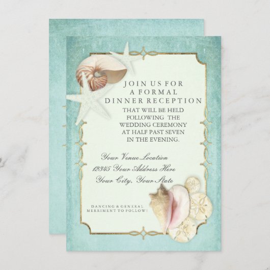 Receptie Strand Seashore Shells Ocean Faux Gold Kaart (Voorkant / Achterkant)
