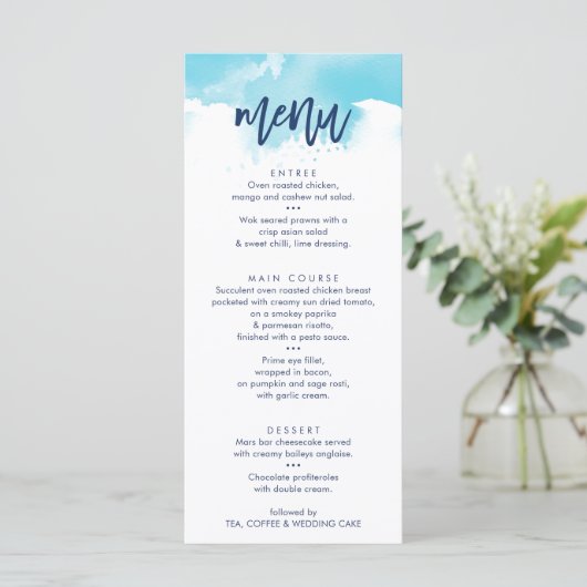 RECEPTIE TROUWMENU stijlvolle aqua waterverf Menu (Staand voorkant)