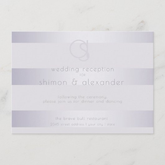 receptie | Violet Silver Shimmer Stripes Monogram Informatiekaartje (Voorkant)