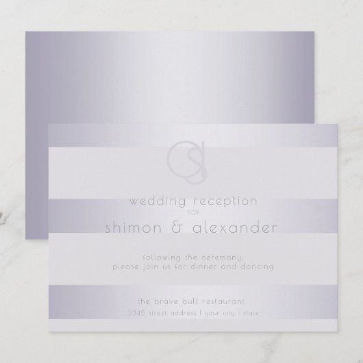 receptie | Violet Silver Shimmer Stripes Monogram Informatiekaartje (Voorkant / Achterkant)