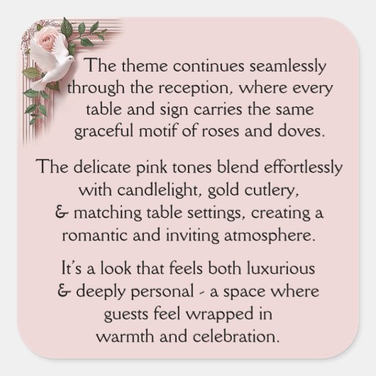 Reception Ceremony - Pink Roses & Doves Vierkante Sticker (Voorkant)