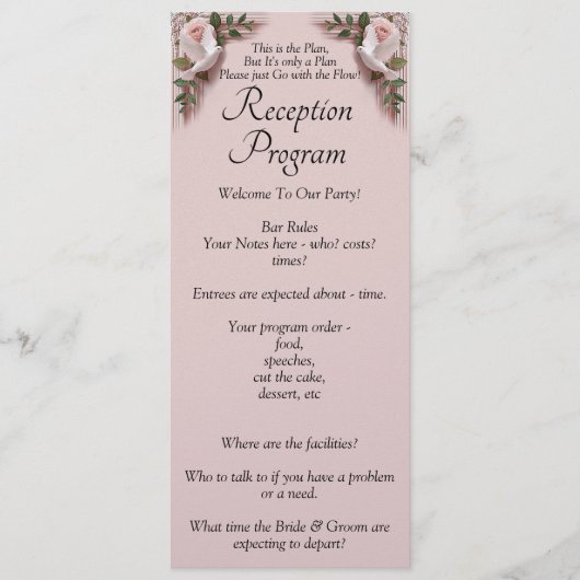 Reception Program - Pink Roses & Doves Wedding Menu (Voorkant)