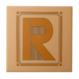 Rechte lijnen art deco met monogram, letter R Tegeltje