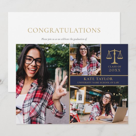 Rechtenschool 3 Foto Collage Afstudeerfeest Uitnod Kaart (Voorkant / Achterkant)