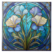 Rechter Bloemen Iris Art Nouveau Blauw Groen Retro
