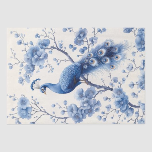 Rechter Bloemtakken Blauw Delfts Pauw Decoupage Tissuepapier (Voorkant)