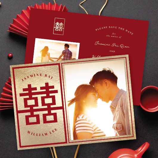 Rechthoek Dubbel Geluk 囍 Chinese Huwelijksfoto Save The Date