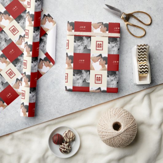 Rechthoek dubbelgeluk bruiloft foto collage cadeaupapier (Crafts)