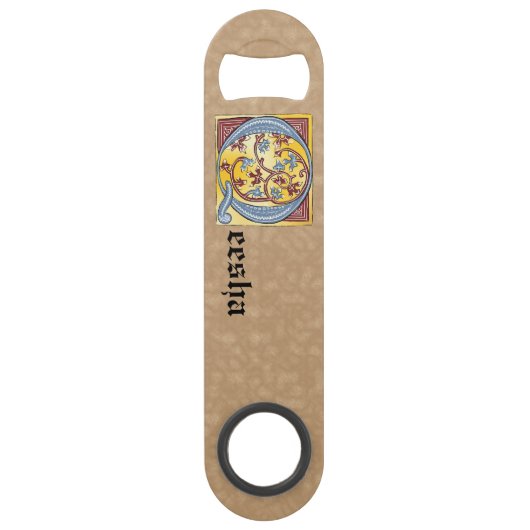 Rechthoekig blauw en rood ijzige verlichte letter speed flessenopener (Achterkant)