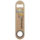 Rechthoekig blauw en rood ijzige verlichte letter  speed flessenopener (Achterkant)